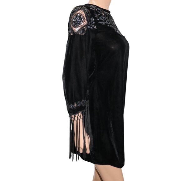 ZARA Black Velvet Embroidered Beaded Embellished Mini Dress Fringe Sleeves S - Picture 3 of 8